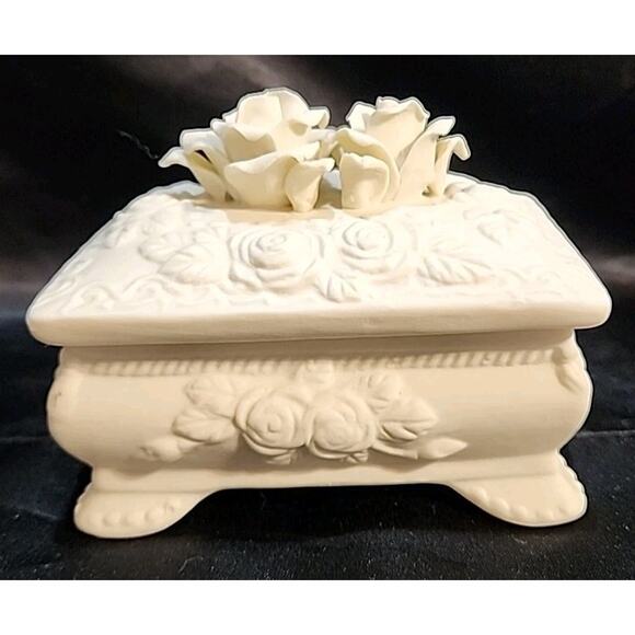 Other - Vintage White Bisque Crafted Delicate Roses Rectangle Footed Trinket Box 4"X2"